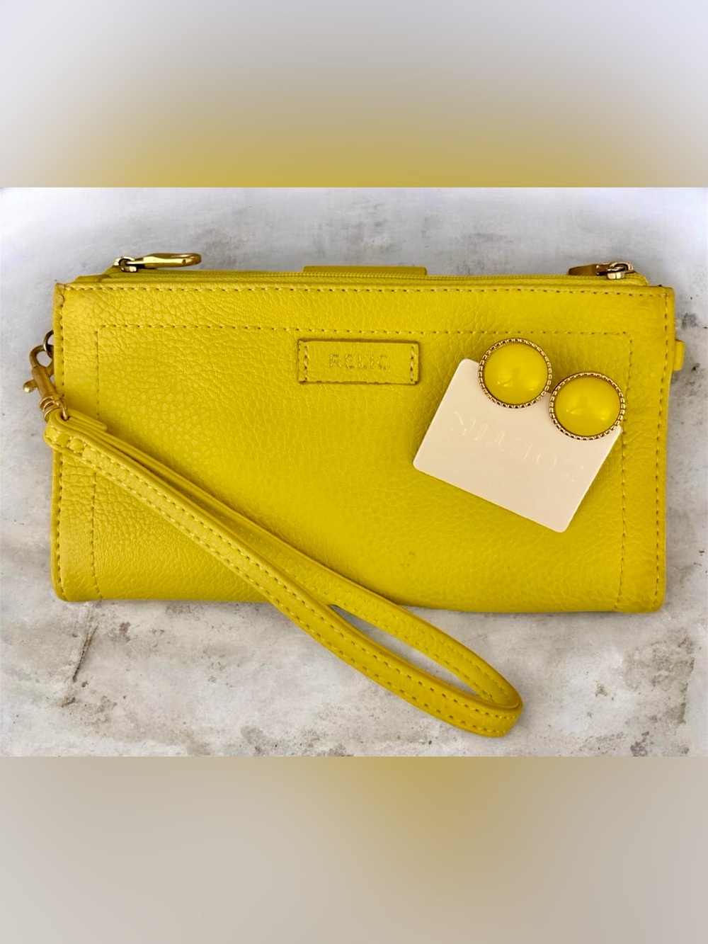 Yellow EUC RELIC Wristlet Wallet with Matching NWT ZOETIK Earrings